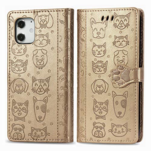 JIUNINE Hülle für iPhone 12 Mini, Karikatur Handyhülle PU Leder Flip Case mit [Kartenfach] [Magnetverschluss] Schutzhülle Tasche Cover Lederhülle für iPhone 12 Mini, Gold von JIUNINE