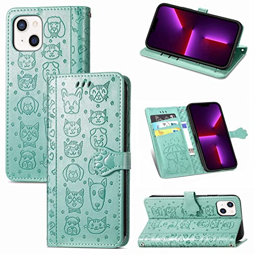 JIUNINE Hülle für iPhone 13, Karikatur Handyhülle PU Leder Flip Case mit [Kartenfach] [Magnetverschluss] Schutzhülle Tasche Cover Lederhülle für iPhone 13, Grün von JIUNINE