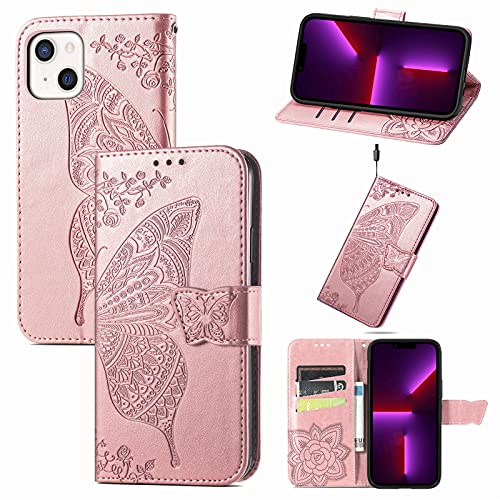 JIUNINE Hülle für iPhone 13 Mini, Handyhülle Leder Flip Case mit Schmetterling Muster [Kartenfach] [Magnetverschluss] Schutzhülle Tasche Cover Lederhülle für iPhone 13 Mini, Roségold von JIUNINE