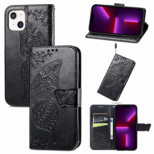 JIUNINE Hülle für iPhone 13 Mini, Handyhülle Leder Flip Case mit Schmetterling Muster [Kartenfach] [Magnetverschluss] Schutzhülle Tasche Cover Lederhülle für iPhone 13 Mini, Schwarz von JIUNINE