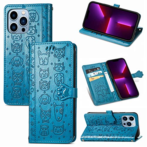 JIUNINE Hülle für iPhone 13 Pro, Karikatur Handyhülle PU Leder Flip Case mit [Kartenfach] [Magnetverschluss] Schutzhülle Tasche Cover Lederhülle für iPhone 13 Pro, Blau von JIUNINE