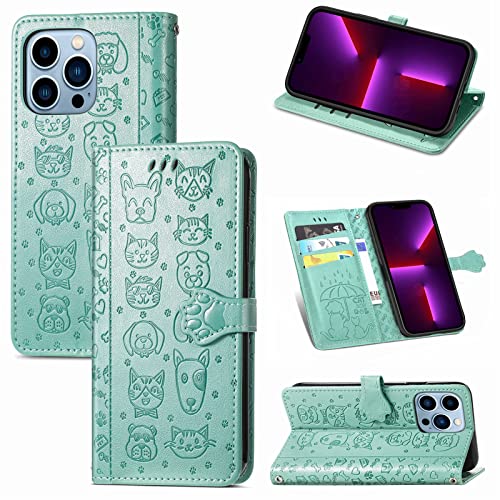 JIUNINE Hülle für iPhone 13 Pro, Karikatur Handyhülle PU Leder Flip Case mit [Kartenfach] [Magnetverschluss] Schutzhülle Tasche Cover Lederhülle für iPhone 13 Pro, Grün von JIUNINE