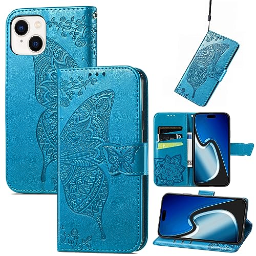JIUNINE Hülle für iPhone 15, Handyhülle Leder Flip Case mit Schmetterling Muster [Kartenfach] [Magnetverschluss] Schutzhülle Tasche Cover Lederhülle für iPhone 15, Blau von JIUNINE