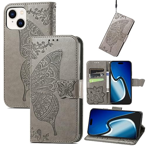 JIUNINE Hülle für iPhone 15, Handyhülle Leder Flip Case mit Schmetterling Muster [Kartenfach] [Magnetverschluss] Schutzhülle Tasche Cover Lederhülle für iPhone 15, Grau von JIUNINE