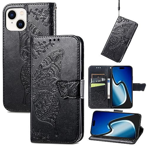 JIUNINE Hülle für iPhone 15, Handyhülle Leder Flip Case mit Schmetterling Muster [Kartenfach] [Magnetverschluss] Schutzhülle Tasche Cover Lederhülle für iPhone 15, Schwarz von JIUNINE