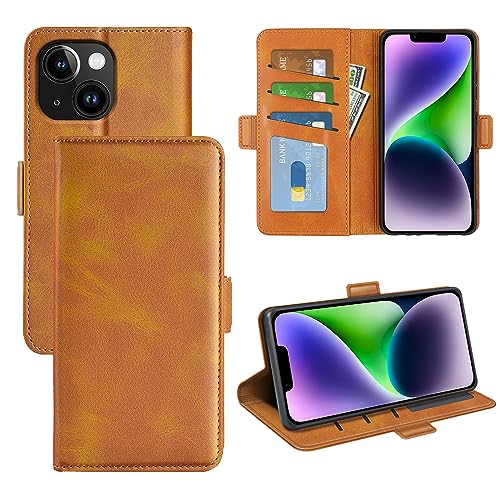 JIUNINE Hülle für iPhone 15, Handyhülle Leder Flip Case mit [Standfunktion] [Kartenfach] [Magnetverschluss] Schutzhülle Tasche Cover für iPhone 15, Gelb von JIUNINE
