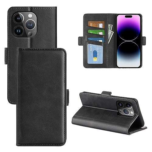 JIUNINE Hülle für iPhone 15 Pro, Handyhülle Leder Flip Case mit [Standfunktion] [Kartenfach] [Magnetverschluss] Schutzhülle Tasche Cover für iPhone 15 Pro, Schwarz von JIUNINE