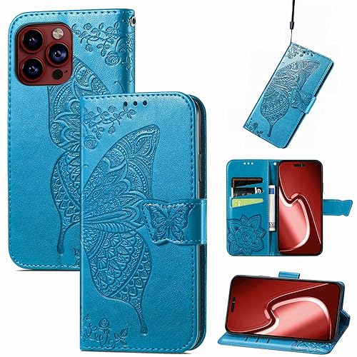 JIUNINE Hülle für iPhone 15 Pro Max, Handyhülle Leder Flip Case mit Schmetterling Muster [Kartenfach] [Magnetverschluss] Schutzhülle Tasche Cover Lederhülle für iPhone 15 Pro Max, Blau von JIUNINE