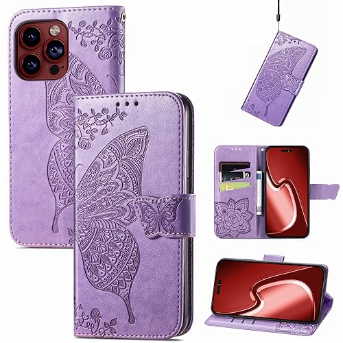 JIUNINE Hülle für iPhone 15 Pro Max, Handyhülle Leder Flip Case mit Schmetterling Muster [Kartenfach] [Magnetverschluss] Schutzhülle Tasche Cover Lederhülle für iPhone 15 Pro Max, Lila von JIUNINE