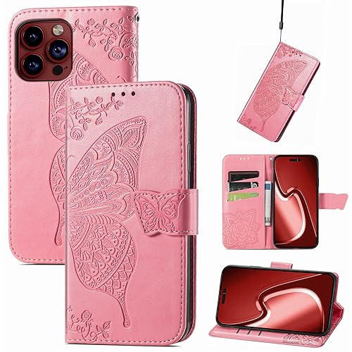JIUNINE Hülle für iPhone 15 Pro Max, Handyhülle Leder Flip Case mit Schmetterling Muster [Kartenfach] [Magnetverschluss] Schutzhülle Tasche Cover Lederhülle für iPhone 15 Pro Max, Rosa von JIUNINE