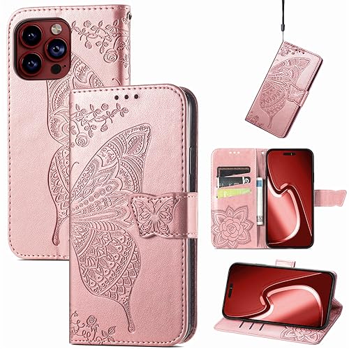 JIUNINE Hülle für iPhone 15 Pro Max, Handyhülle Leder Flip Case mit Schmetterling Muster [Kartenfach] [Magnetverschluss] Schutzhülle Tasche Cover Lederhülle für iPhone 15 Pro Max, Roségold von JIUNINE