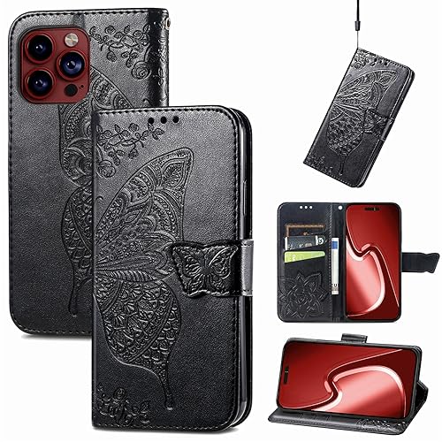 JIUNINE Hülle für iPhone 15 Pro Max, Handyhülle Leder Flip Case mit Schmetterling Muster [Kartenfach] [Magnetverschluss] Schutzhülle Tasche Cover Lederhülle für iPhone 15 Pro Max, Schwarz von JIUNINE