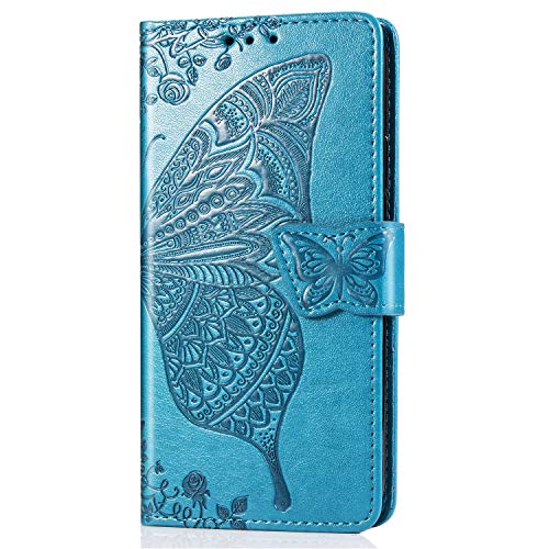 JIUNINE Hülle für iPhone XR, Handyhülle Leder Flip Case mit Schmetterling Muster [Kartenfach] [Magnetverschluss] Schutzhülle Tasche Cover Lederhülle für Apple iPhone XR, Blau von JIUNINE