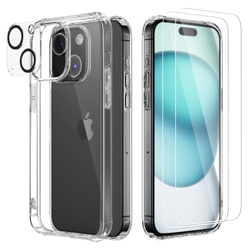 JIUXIJ 5 in 1 Hülle für iPhone 15 Hülle, 1 Handyhülle + 2 Schutzfolie+2 Kameraschutz, Crystal Clear Case [Schutz in Militärqualität] [Anti Vergilbung] Schutzhülle Cover 6,1 Zoll von JIUXIJ