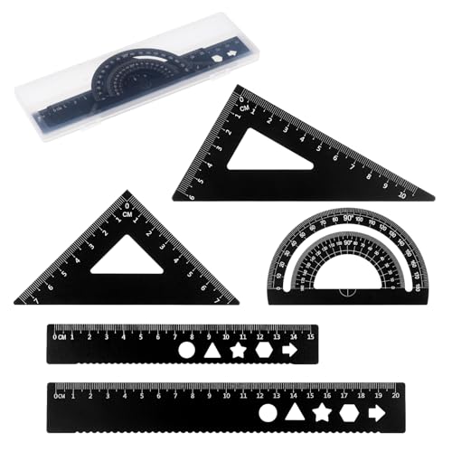 JIYIN 5 Stück Mathematik Geometrie Werkzeug, Metall Geometrie Set mit Winkelmesser und Dreieck Lineale, 8 and 6 Zoll Aluminiumlegierung Mathe Zeichnung Lineal für Studenten Büro Ingenieure Zeichner von JIYIN