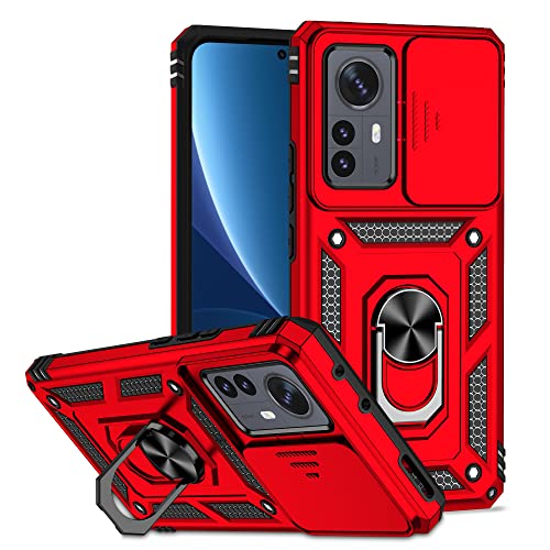 Jiyu Hülle Kompatibel mit Xiaomi 12 Pro, Kameraschutz Handyhülle Hybrid Handy Hüllen Militärische Rüstung Cover Metallring Case Stoßfest Weich TPU Bumper Schutzhülle,Rot von JIYUDZ