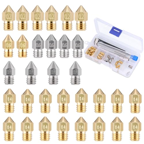 JIZZU 3D Drucker Düsen, 32 Stück 3D Drucker Messing Stainless Steel Hotend 0.4/0.2/0.6MM, E3D Universal Druckdüsen, M6 Messing Nozzle Set für Creality Ender Anycubic Kobr von JIZZU