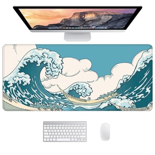 JJ PRIME - Schreibtischunterlage XXL Mauspad Gaming | Großes Mauspad XXL Gaming Deko | Schreibtischunterlage Abwischbar | Desk Mat Mousepad Gaming Maus Pad- Desk Pad 90 x 40cm (Große Welle) von JJ PRIME