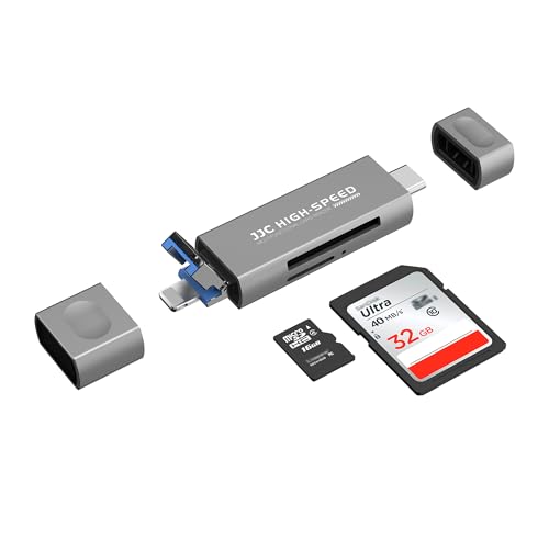 JJC Metall SD Kartenleser für i Phone, Lighting USB C 3.0 USB A 2.0 Kartenleser Viewer für SD SDHC SDXC Micro SD, Speicherkarten Adapter für i Phone 14/13/12/11/X/XR/8/7/6 (Grau) von JJC