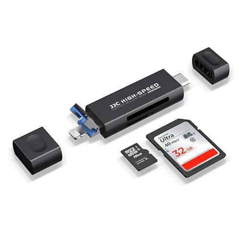JJC Metall SD Kartenleser für i Phone, Lighting USB C 3.0 USB A 2.0 Kartenleser Viewer für SD SDHC SDXC Micro SD, Speicherkarten Adapter für i Phone 16/14/13/12/11 (Schwarz) von JJC