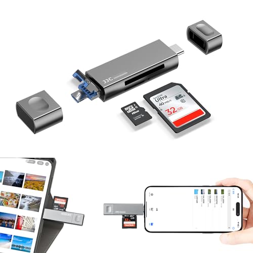 JJC Metall USB 3.0 SD Kartenleser, 3-in-1 USB 3.0 Micro USB 2.0 USB-C 3.0 mit Zwei Kartenschlitzen Externer Kartenleser für SD SDHC SDXC Micro SD TF Micro SDHC Micro SDXC UHS-I Speicherkarten (Grau) von JJC