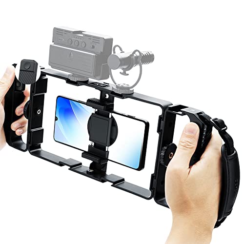 JJC Smartphone Video Rig Fernbedienungs Set mit 6 Kaltschuh Halterungen für iPhone 15 14 13 12 11 Pro Max Huawei Samsung Handy Video Halterung Stabilisator Filmemacher Käfig von JJC