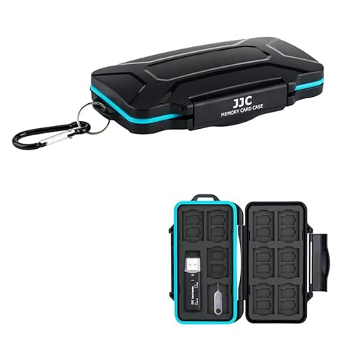 JJC Speicherkarte Schutzhülle Aufbewahrung mit USB 3.0 Kartenleser für 10 SD SDXC SDHC + 16 Micro SD TF + 2 Micro SIM + 2 Nano SIM Karten, Memory Card Case Wasserdichte SD Etui Schutzbox mit Karabiner von JJC