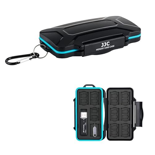 JJC Speicherkarte Schutzhülle Aufbewahrung mit USB 3.0 Kartenleser für 10 SD SDXC SDHC + 16 Micro SD TF + 2 Micro SIM + 2 Nano SIM Karten, Memory Card Case Wasserdichte SD Etui Schutzbox mit Karabiner von JJC