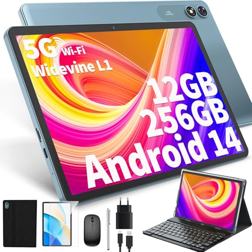 JJGJ Android 14 Tablet mit Tastatur, Tablet 10 Zoll mit 12GB+256GB, 1TB Expand, 8-Core, 8000mAh, 5G WiFi, Widevine L1, GMS, Gesichtserkennung, 2 in 1 Tablet mit Tastatur, Maus, Stylus(Schwarz) von JJGJ