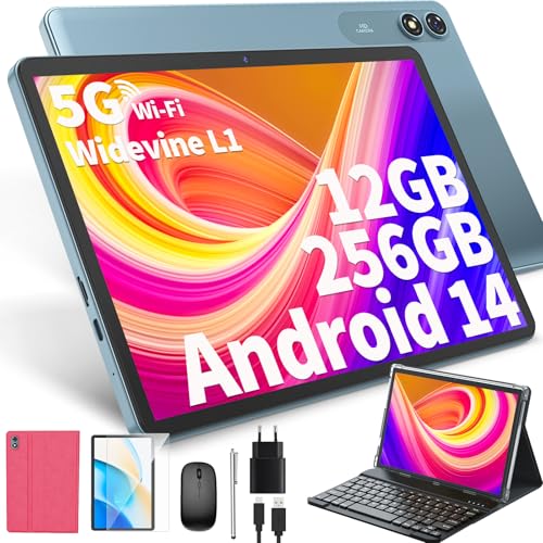 JJGJ Android 14 Tablet mit Tastatur, Tablet 10 Zoll mit 12GB+256GB, 1TB Expand, 8-Core, 8000mAh, 5G WiFi, Widevine L1, GMS, Gesichtserkennung, 2 in 1 Tablet mit Tastatur, Maus, Stylus(Rosa) von JJGJ