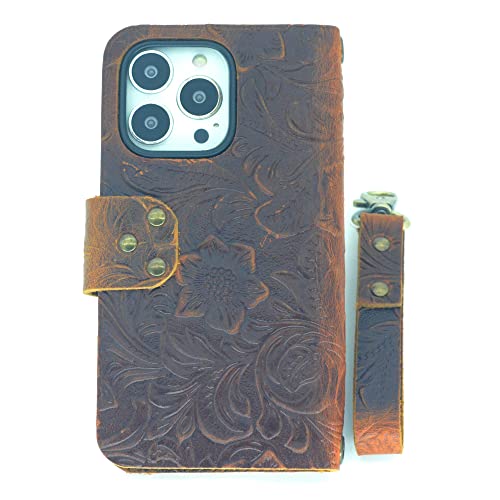 JJNUSA Kompatibel mit iPhone 14 Pro Handgefertigte Echtleder Wallet Case Flip Cover mit Armband Braun von JJNUSA