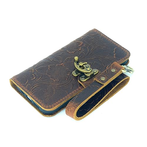 JJNUSA Lederhülle kompatibel mit iPhone 16 Pro 6,3 Zoll (16 cm), handgefertigt, echtes Leder, Brieftaschen-Hülle, Flip-Cover mit Handgelenk, Braun von JJNUSA