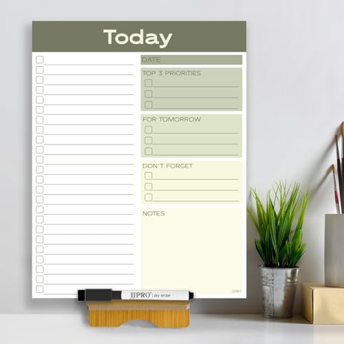 JJPRO Wiederverwendbarer Schreibtisch-Tagesplaner, Whiteboard mit abnehmbarem Holzständer, 27,9 x 21,6 cm, trocken abwischbar, wiederverwendbarer Schreibtisch-Notizblock für Büro, Zuhause von JJPRO