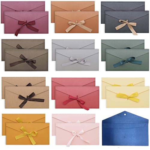 24 Stück Briefumschläge Kraftpapier Bunt, Blanko vintage Umschläge mit Bändern, Geschenkumschlag ohne Fenster für Einladungskarten zu Hochzeit, Geburtstag, 22 x 11 cm von JJYHEHOT