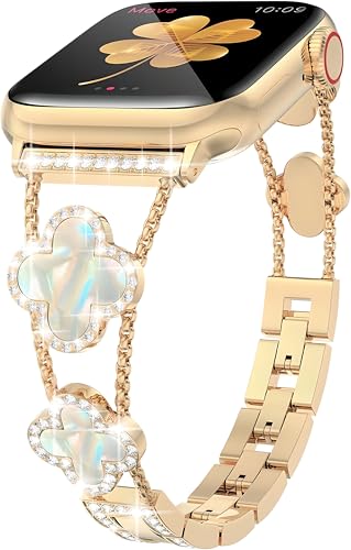 Bling Armband kompatibel mit Apple Watch 38mm 40mm 41mm 42mm 44mm 45mm 46mm Serie SE 10 9 8 7 6 5 4 3 2 1, Damen Funkeln Diamant Armband, süße glückliche Klee Ander iwatch von JJii Sung