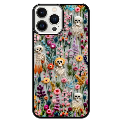 JKLASD Halloween-Skelett-Handyhülle für iPhone 15 Pro Max, bunte gruselige Totenköpfe in Wildblumen, besticktes Muster, Halloween, Gothic, Cottagecore, florale Handyhülle für Damen und Herren JKLASD Halloween-Skelett-Handyhülle für iPhone 15 Pro Max, bunte gruselige Totenköpfe in Wildblumen, besticktes Muster, Halloween, Gothic, Cottagecore, florale Handyhülle für Damen und Herren von JKLASD