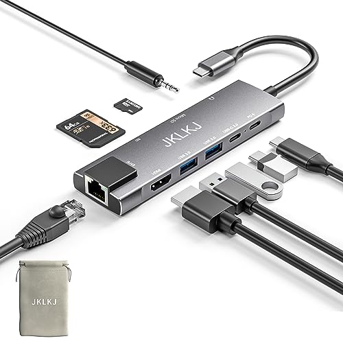 USB-C-Hub, 9-in-1 USB-C-Hub, Multiport-Adapter mit Gigabit-Ethernet, 100 W PD, HDMI 4K, 2 USB 3.0, USB C 3.0, SD/TF-Kartenleser, 3,55 mm Audioanschluss, Dongle-Dockingstation für MacBook Pro Steam von JKLKJ