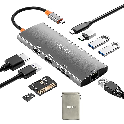 USB-C-Hub, 9-in-1 USB-C-Hub, Multiport-Adapter mit Gigabit-Ethernet, 100 W PD, HDMI 4K, 2 USB 3.0-Anschlüsse, USB-C-Datenanschluss, USB 2.0-Anschlüsse, SD/TF-Kartenleser, Dongle-Dockingstation von JKLKJ