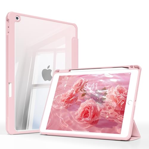 JKSML Hülle für iPad 9. / 8. / 7. Generation 10.2 Zoll Modell 2021/2020 / 2019, Transparenter Rückseite mit Stifthalter | Auto Schlaf/Aufwach | Ultradünne Schutzhülle aus TPU für iPad 10.2 Zoll, Rosa von JKSML