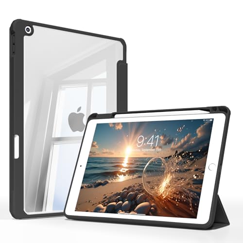 JKSML Hülle für iPad 9. /8. /7. Generation 10.2 Zoll Modell 2021/2020 / 2019, Transparenter Rückseite mit Stifthalter | Auto Schlaf/Aufwach | Ultradünne Schutzhülle aus TPU für iPad 10.2 Zoll, Schwarz von JKSML