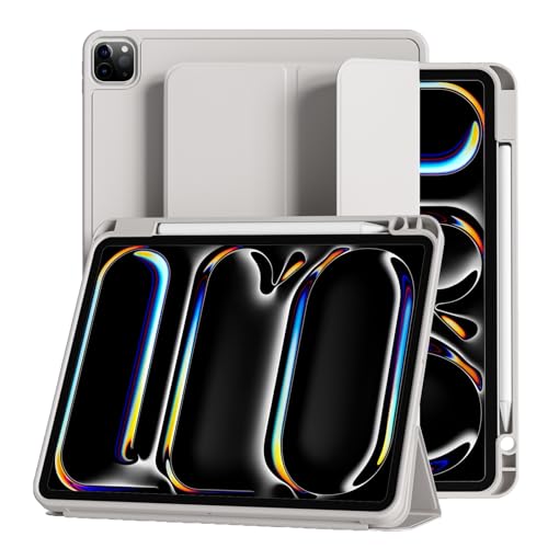 JKSML Hülle für iPad Pro 13 Zoll (M4) 2024 mit Stifthalter, Dreifach Faltbare Ständer, Unterstützt Pencil Pro/USB-C, TPU Flexible Rückseite & Schlafen/Wachen,Grau von JKSML