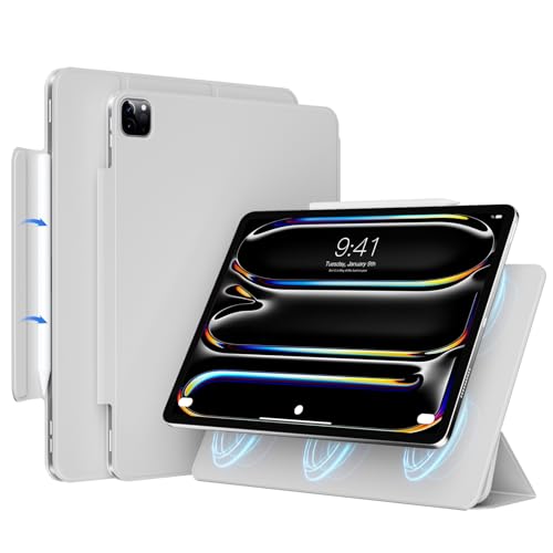 JKSML Magnetische Hülle für iPad Pro 11 Zoll M4 (2024)-Dünne Dreifach Faltbare Standhülle Unterstützt Pencil Pro/USB-C & AutomatischesSchlaf/Weck, Rutschfestes und Kratzfestes PU Leder, Grau von JKSML