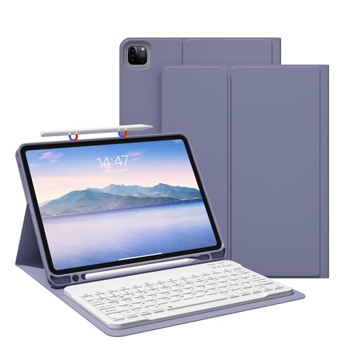 JKSML Tastatur Hülle für für iPad Pro 11" 4th Gen 2022/3rd Gen 2021/2nd Gen 2020mit Pencil Halter, Soft TPU Rückseite Gehäuse Hülle, Abnehmbarer Bluetooth Tastatur für iPad Pro 11 Zoll (Violett-Grau) von JKSML