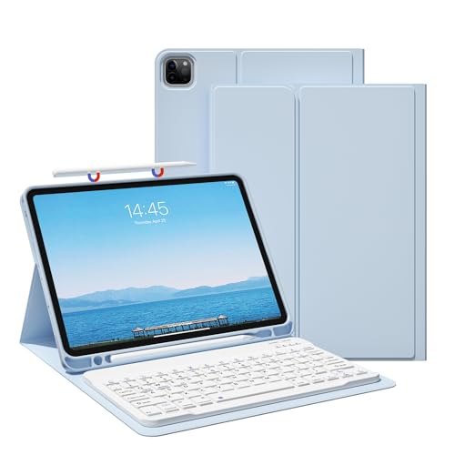 JKSML Hülle für iPad Pro 11 Zoll 4./3./2. Generation (2022,2021,2020) Mit Stifthalter, Abnehmbare Bluetooth Tastatur | Weiche TPU-Schutzhülle Mit QWERTZ Tastatur - Himmelblau von JKSML