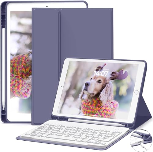 JKSML Tastatur Hülle für iPad 9. Gen/iPad 8. Gen/7. Gen (2021/2020/ 2019) mit Pencil Halter, Soft TPU Rückseite Gehäuse Schutzhülle,Abnehmbarer Bluetooth Tastatur für iPad 10.2 Zoll (Violett-Grau) von JKSML