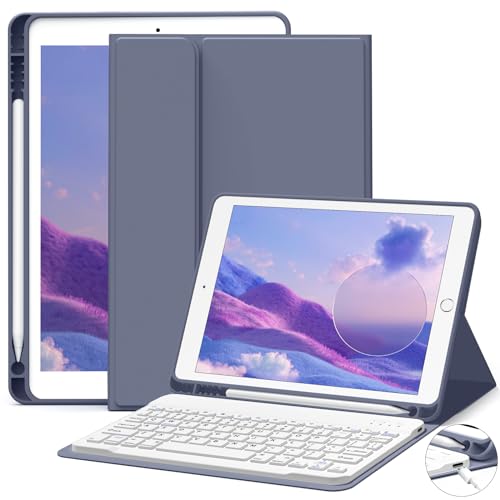 JKSML Tastatur Hülle für iPad 9. Gen/iPad 8. Gen/7. Gen (2021/2020/ 2019) mit Pencil Halter, Soft TPU Rückseite Gehäuse Schutzhülle,Abnehmbarer Bluetooth Tastatur für iPad 10.2 Zoll (Violett-Grau) von JKSML