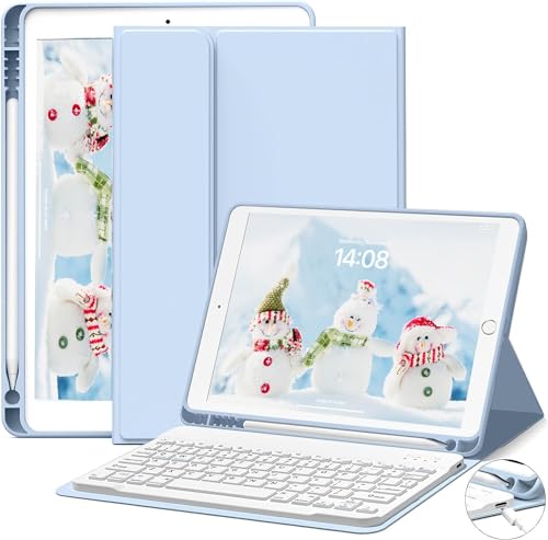 JKSML Tastatur Hülle für iPad 9. Gen/iPad 8. Gen/7. Gen (2021/2020/ 2019) mit Pencil Halter, Soft TPU Rückseite Gehäuse Schutzhülle,Abnehmbarer Bluetooth Tastatur für iPad 10.2 Zoll (Himmelblau) von JKSML