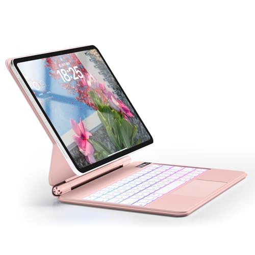 JKSML Tastatur Hülle für iPad Pro11 Zoll 4/3/2.Gen mit 7 Farben Beleuchtung, Magnetische Freischwebende Design,Soft TPU Rückseite Gehäuse,Bluetooth QWERTZ Tastatur für iPad Pro11 2022/2021/2020,Rosa von JKSML