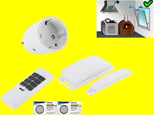 JKshop24 FUNK ABLUFTSTEUERUNG High-Tech-Abluft-Set Dunstabzugshaube Fensterkontaktschalter +Handsender 2300W Power-MINI-Zwischenstecker + Fenstersensor +2x Ersatzbatterie -EINSATZFERTIG ANGELERNT- von JKshop24