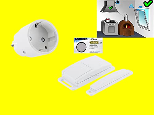 JKshop24 FUNK ABLUFTSTEUERUNG High-Tech-Abluft-Set Dunstabzugshaube Fensterkontaktschalter | 2300W Power-MINI-Zwischenstecker + Fenstersensor +1x Ersatzbatterie -EINSATZFERTIG ANGELERNT- von JKshop24